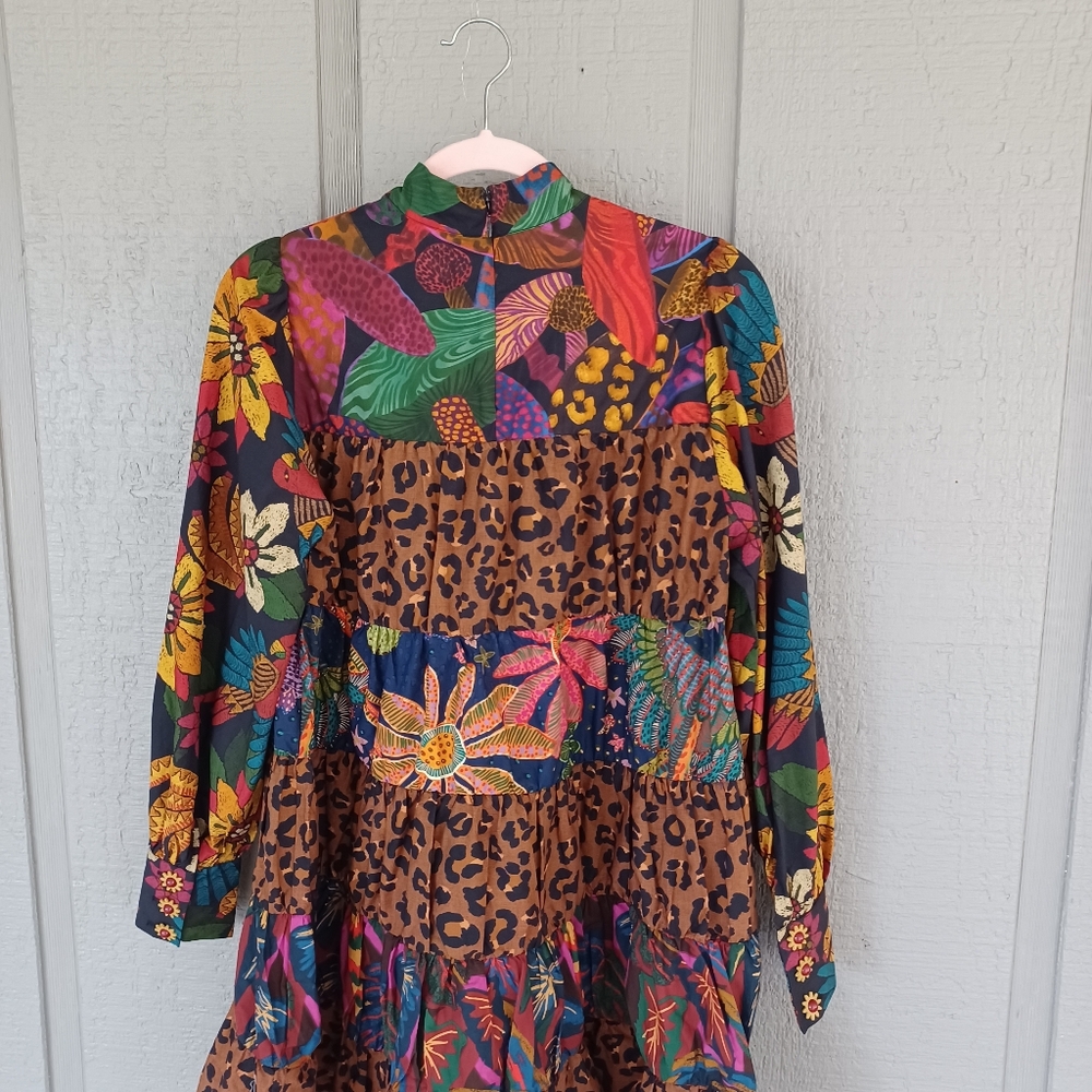 Farm Rio Mixed Black Print Mini Dress Size S Women Cotton Floral Leopard Tiered - Picture 7 of 14
